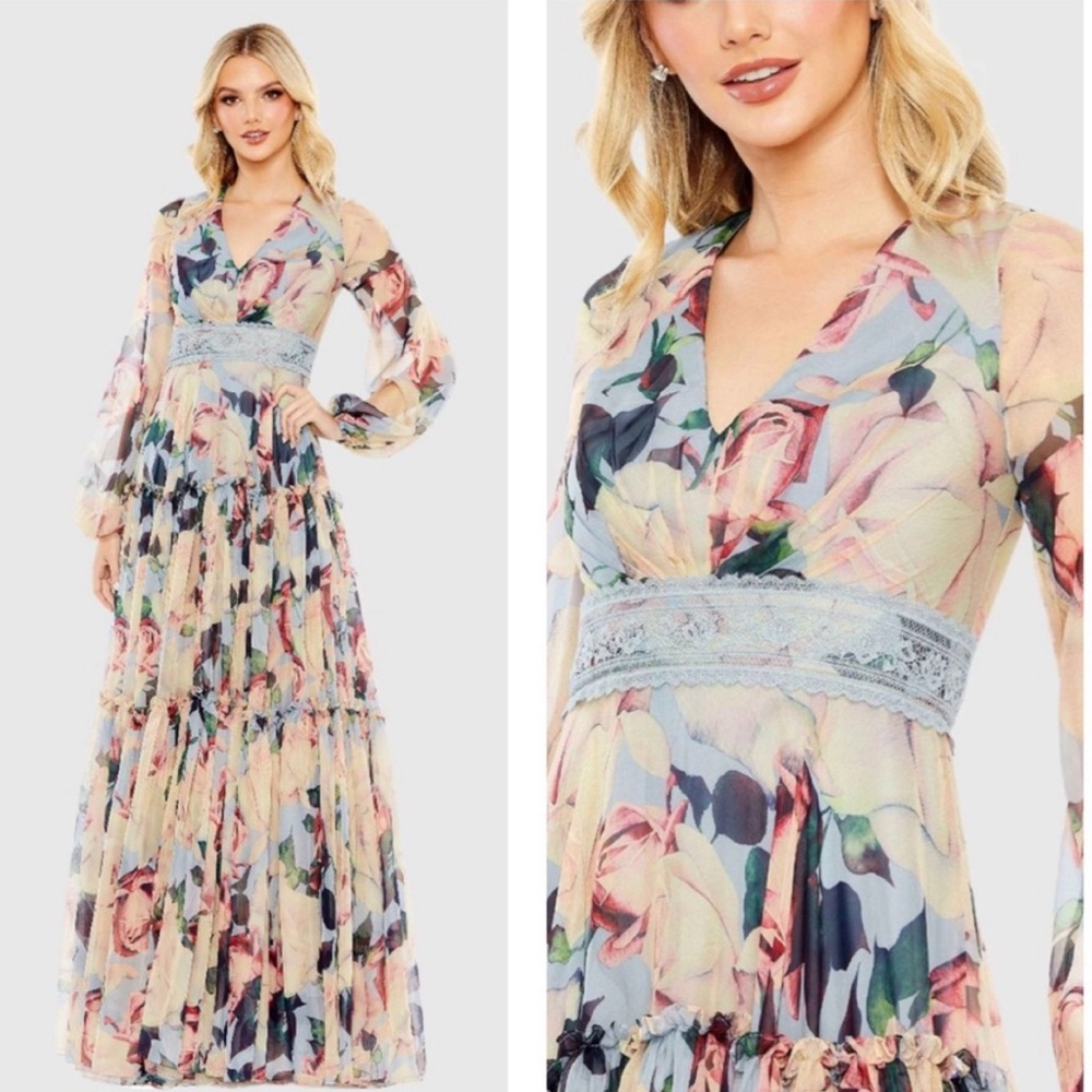 MAC DUGGAL 11401 Blue Floral Puff Sleeve Dress With Embroidered Lace Waist
